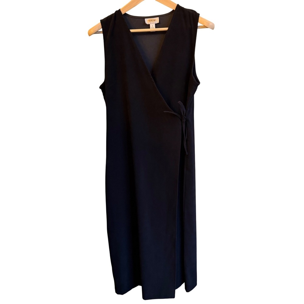 Talbots Wrap Dress Size 6P Black Sleeveless V-Neck Midi Minimalist Chic Vintage